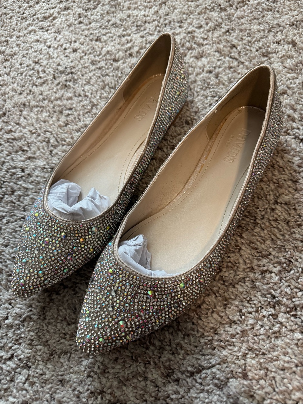 David’s Bridal Sparkle Pointed Toe Flats in Champagne